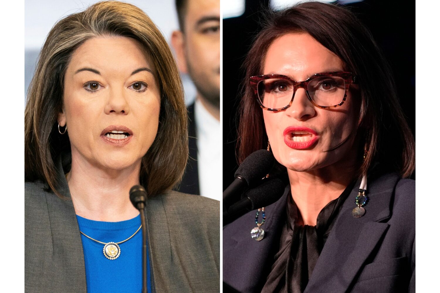 FILE - This photo combination shows Rep. Angie Craig, D-Minn., left, Jan. 15, 2026, in Washington a...
