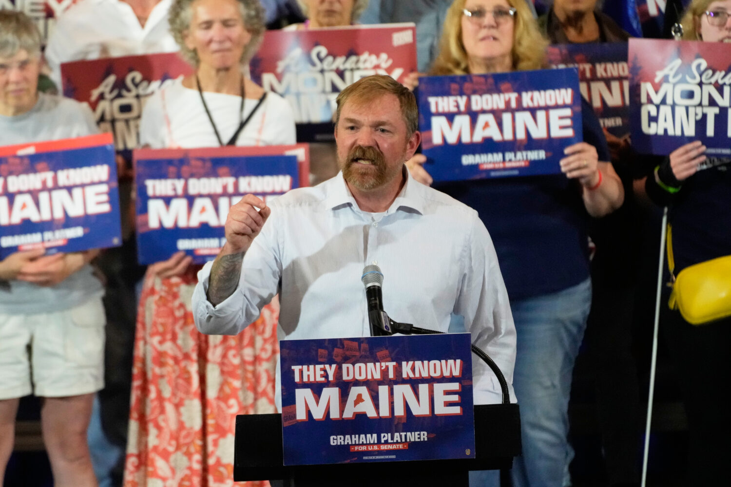 Democratic U.S. Senate candidate Graham Platner speaks during a primary election night watch party ...