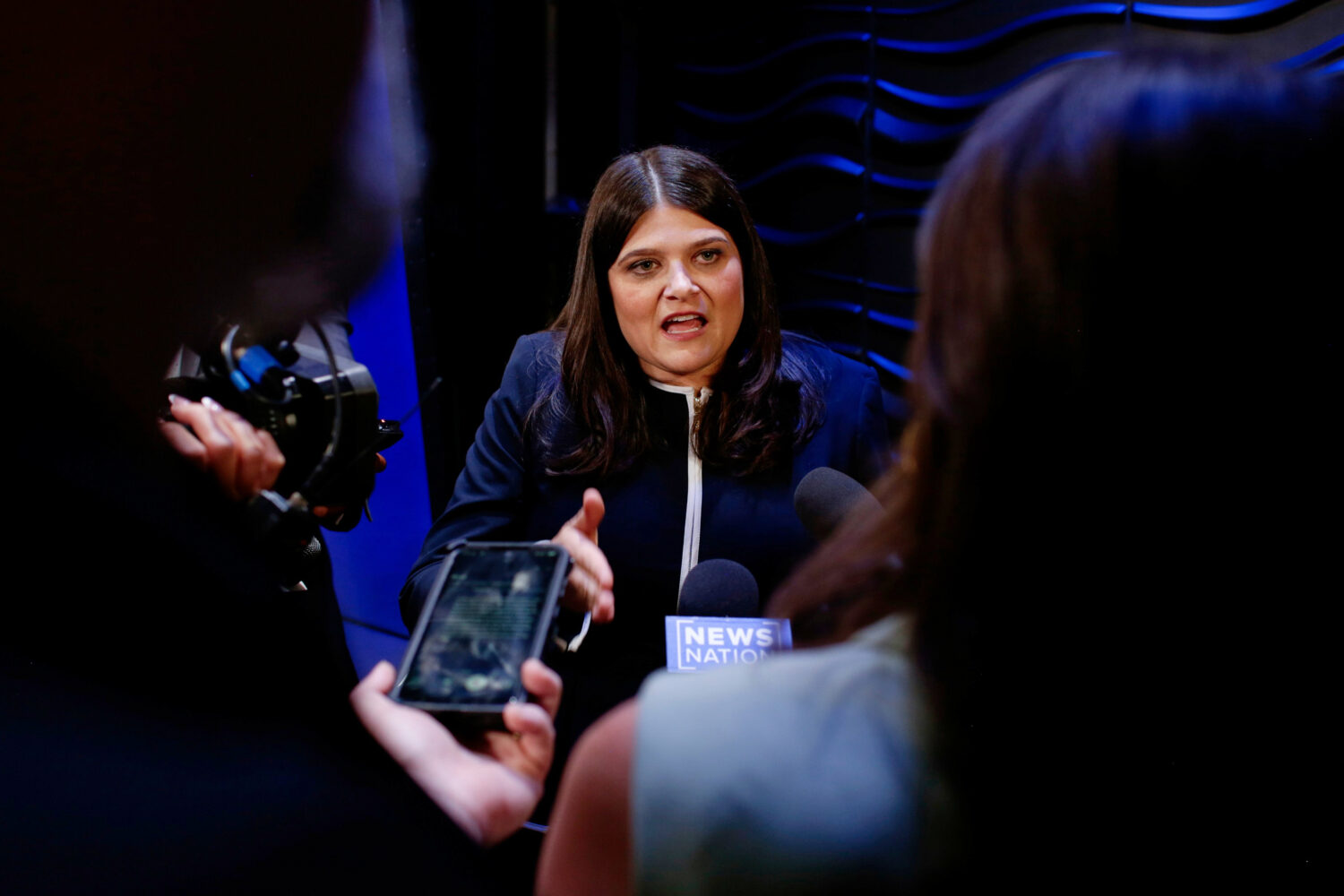 Michigan U.S. Sen. candidate, Rep. Haley Stevens, D-Mich., speaks with media after a debate at Wood...