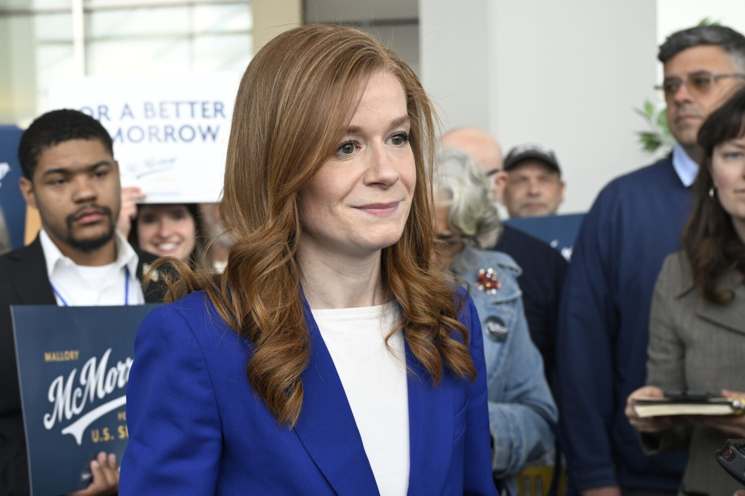FILE - Michigan State Sen. Mallory McMorrow, D-Royal Oak, a candidate for the U.S. Senate, listens ...