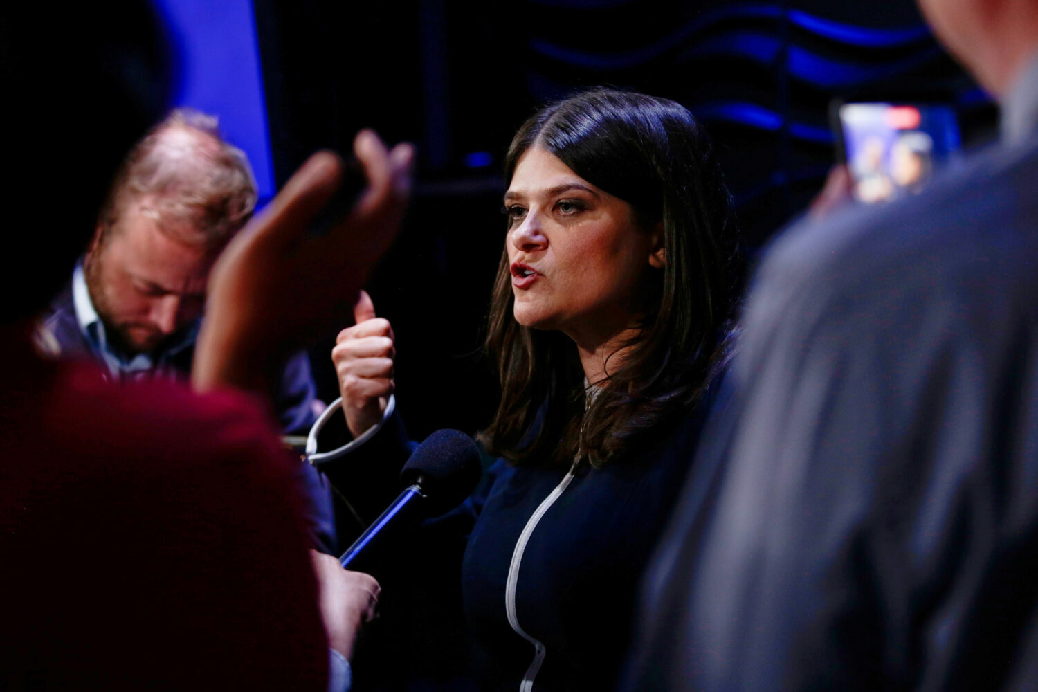 Michigan U.S. Sen candidate, Rep. Haley Stevens, D-Mich., speaks with media after a debate at WoodT...