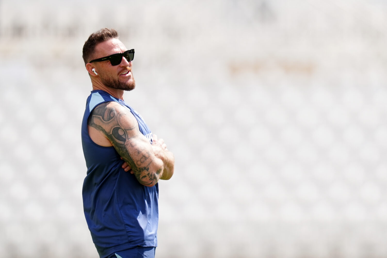 England head coach Brendon McCullum attends a nets session in Nottingham, England, Monday July 6, 2...