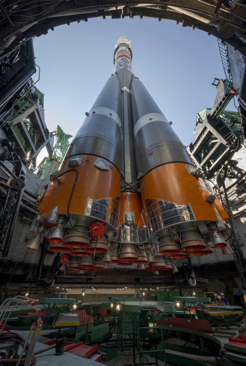 The Soyuz rocket is raised into position at the Site 31 launch pad of the Baikonur Cosmodrome in Ka...