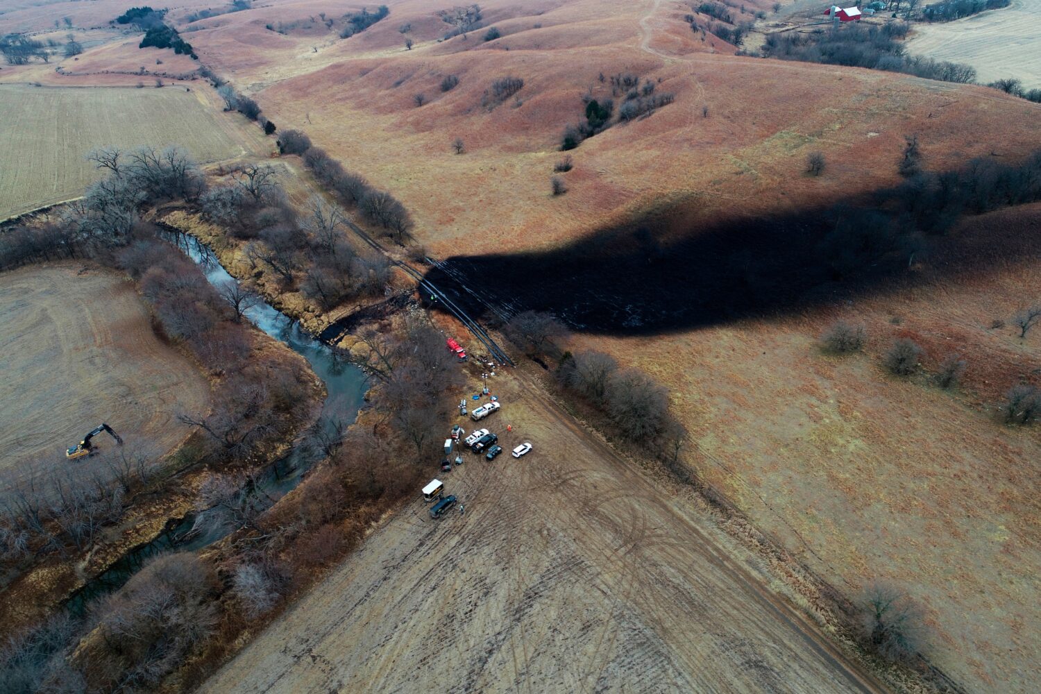 FILE - This photo taken with a drone shows the area where the ruptured Keystone pipeline dumped oil...