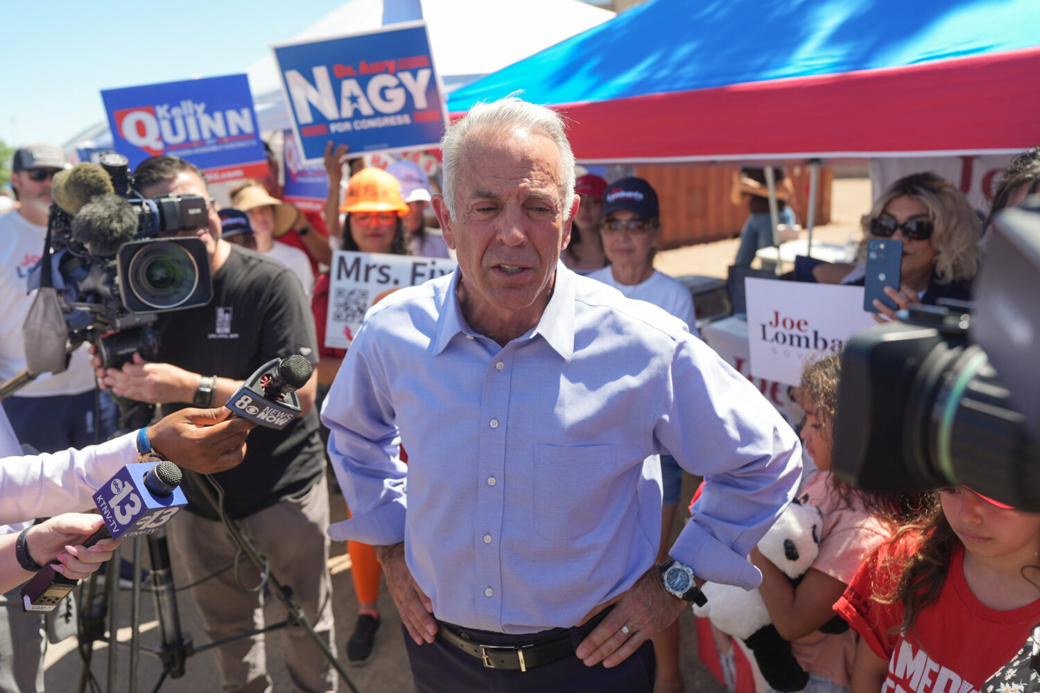 FILE - Nevada Gov. Joe Lombardo talks to reporters outside a vote center June 9, 2026, in Las Vegas...
