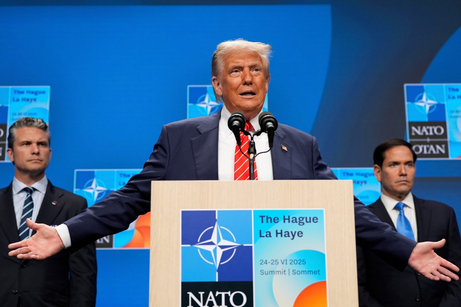 FILE - President Donald Trump speaks during a media conference at the end of the NATO summit as Sec...
