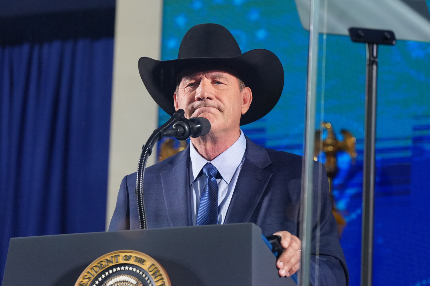 FILE - South Dakota Gov. Larry Rhoden speaks before President Donald Trump at Mount Rushmore Nation...