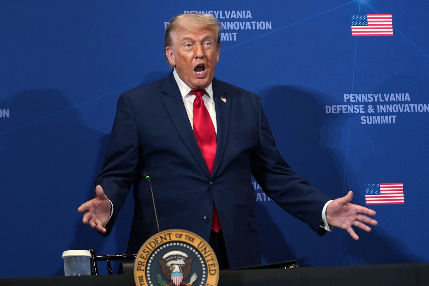 President Donald Trump speaks at the United States Army War College in Carlisle, Pa., during the Pe...