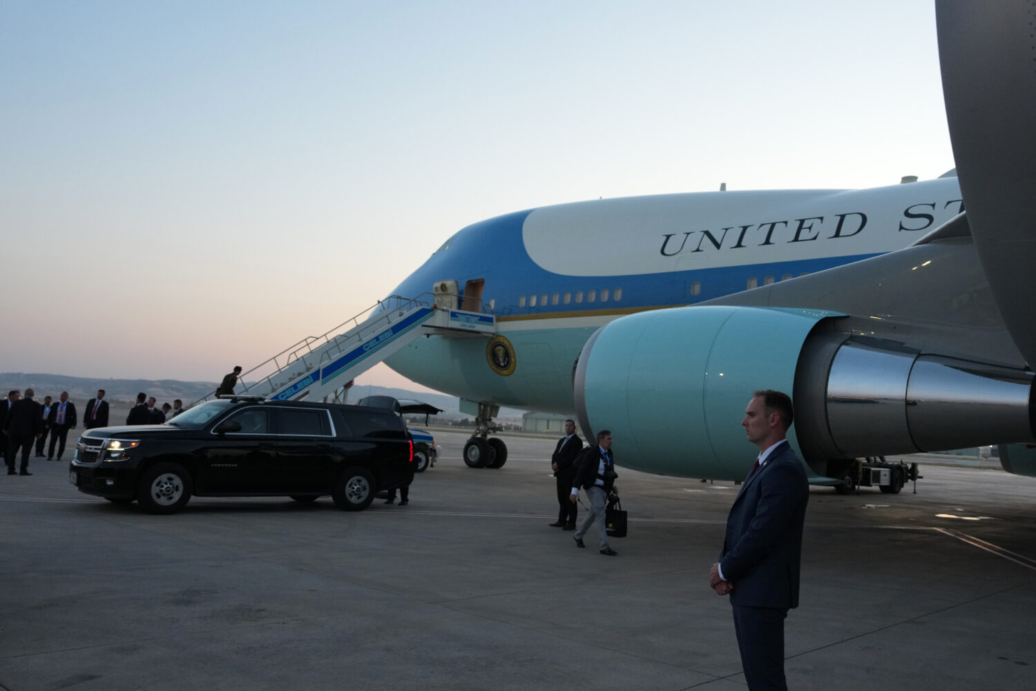 Airforce One sits on the tarmac before U.S. President Donald Trump departs following the NATO summi...