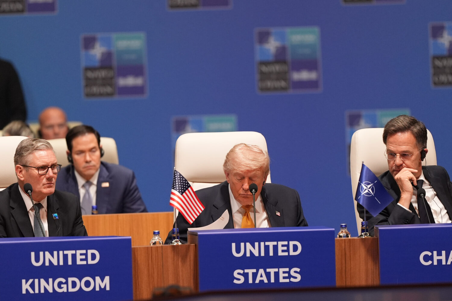 U.S. President Donald Trump, NATO Secretary General Mark Rutte, and Britain's Prime Minister Keir S...