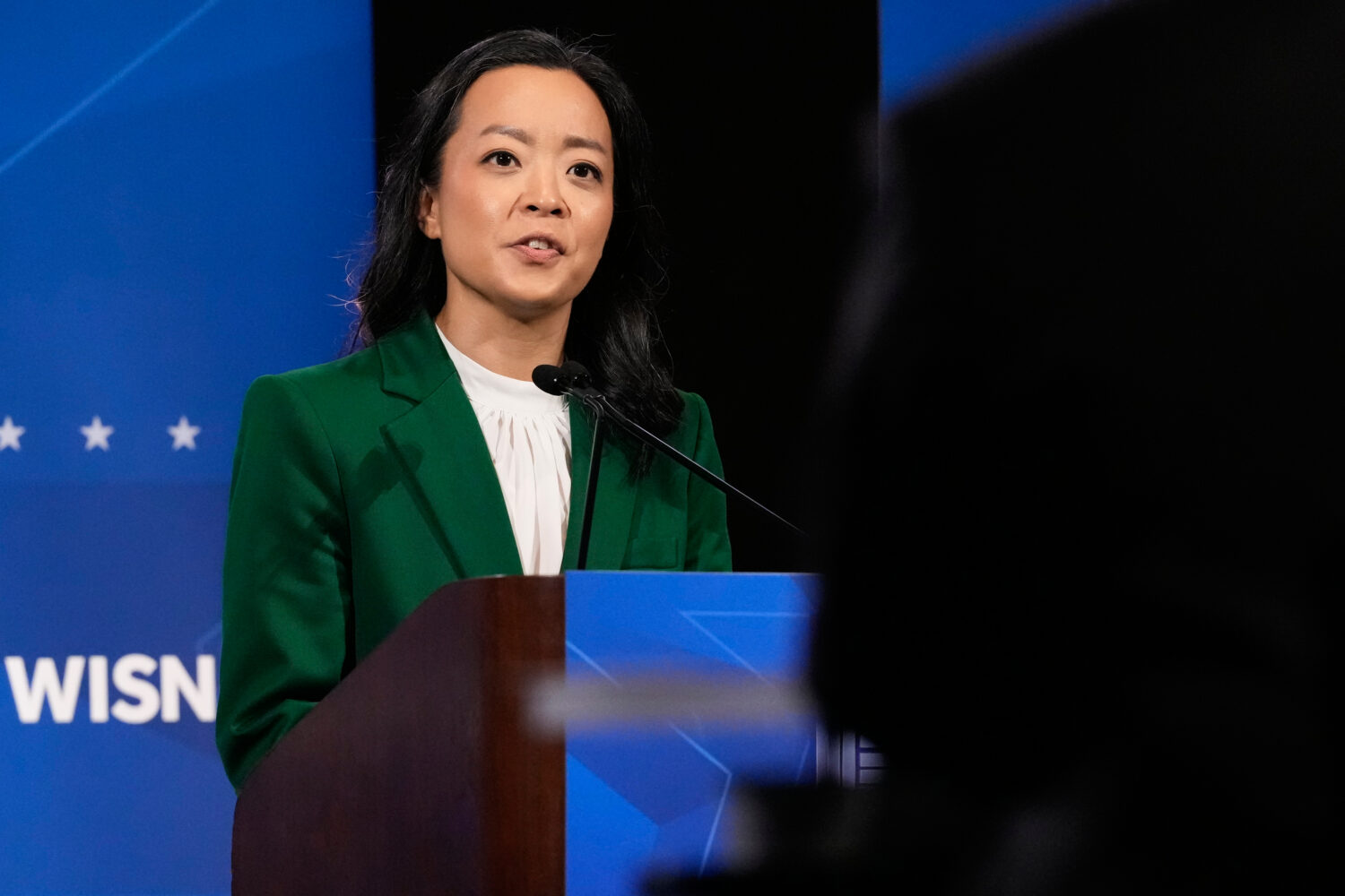 Democratic gubernatorial candidate Francesca Hong talks during a primary debate in Milwaukee, Tuesd...