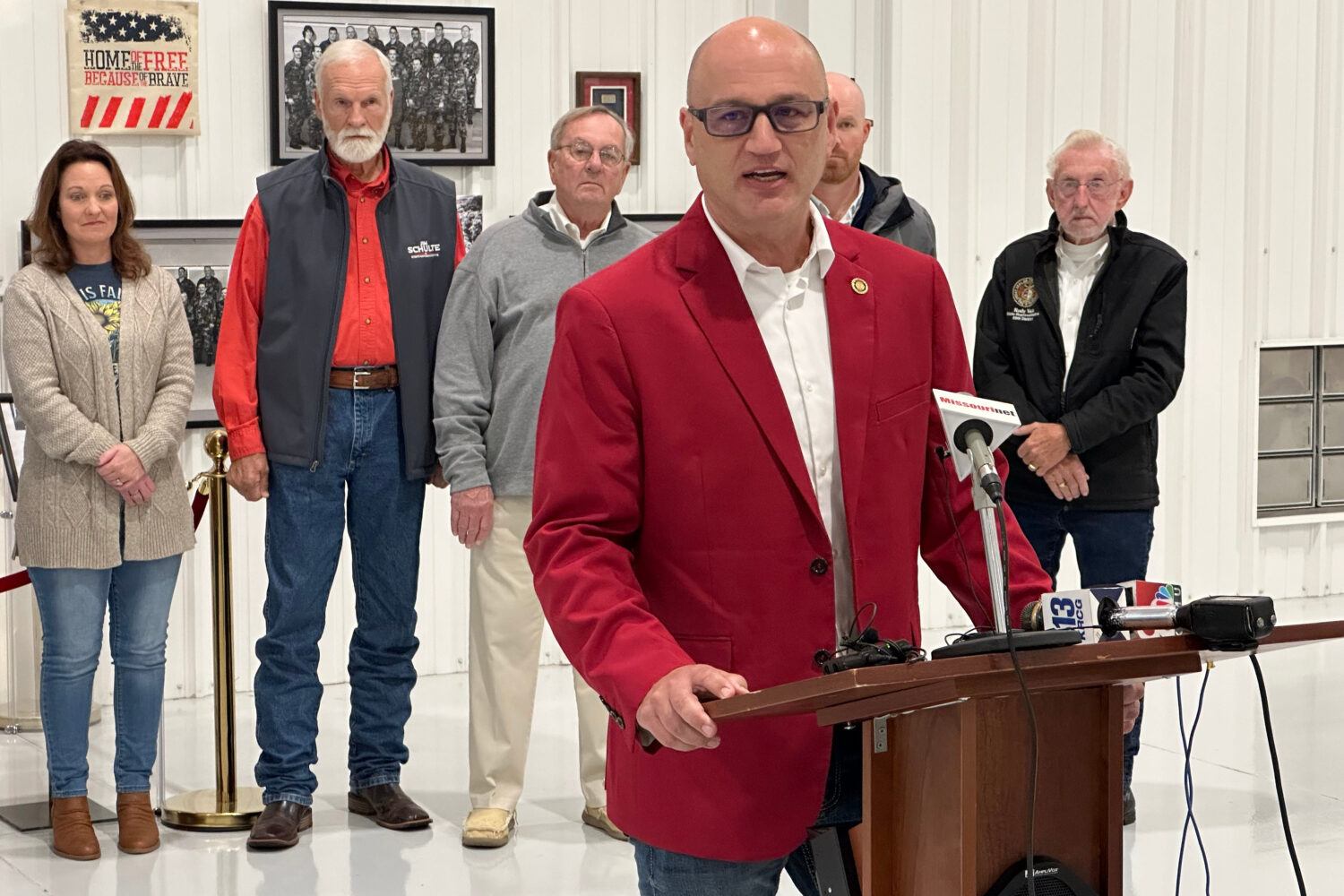 Denny Hoskins, Missouri's secretary of state, speaks to reporters at a campaign event on Nov. 4, 20...