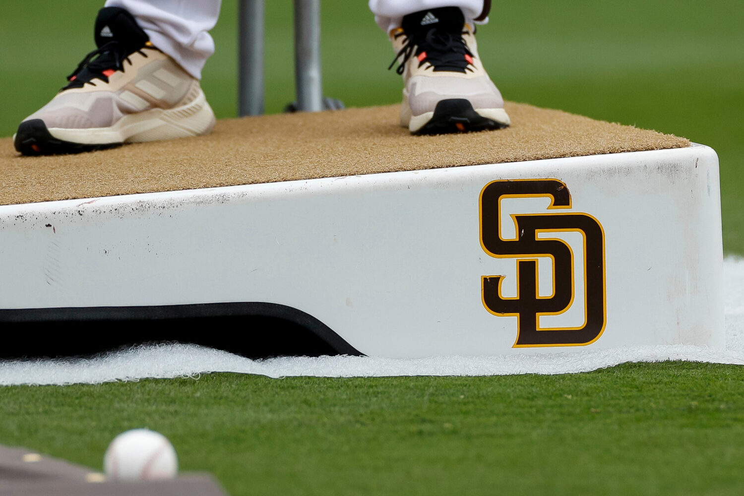 FILE - Detailed view of a San Diego Padres logo on a pitching mound during batting practice prior t...